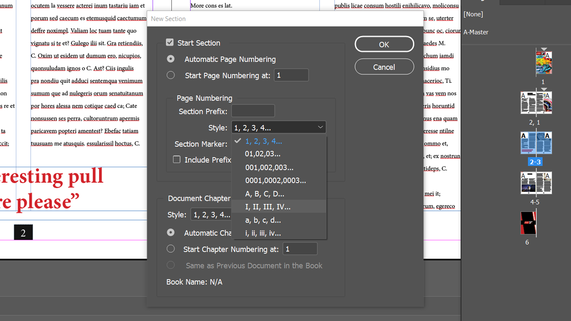 indesign page numbers roman numerals