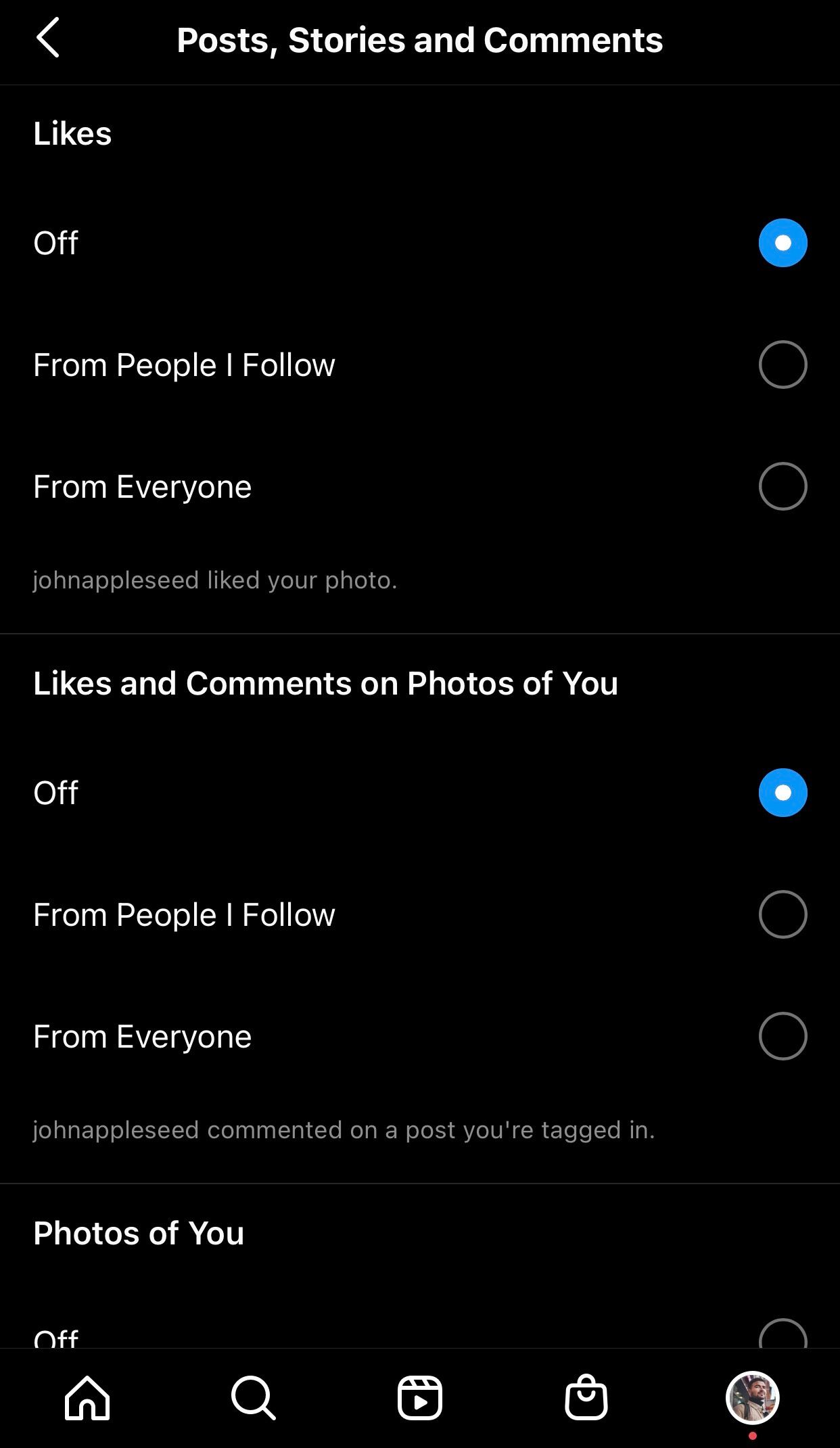 instagram notification choices