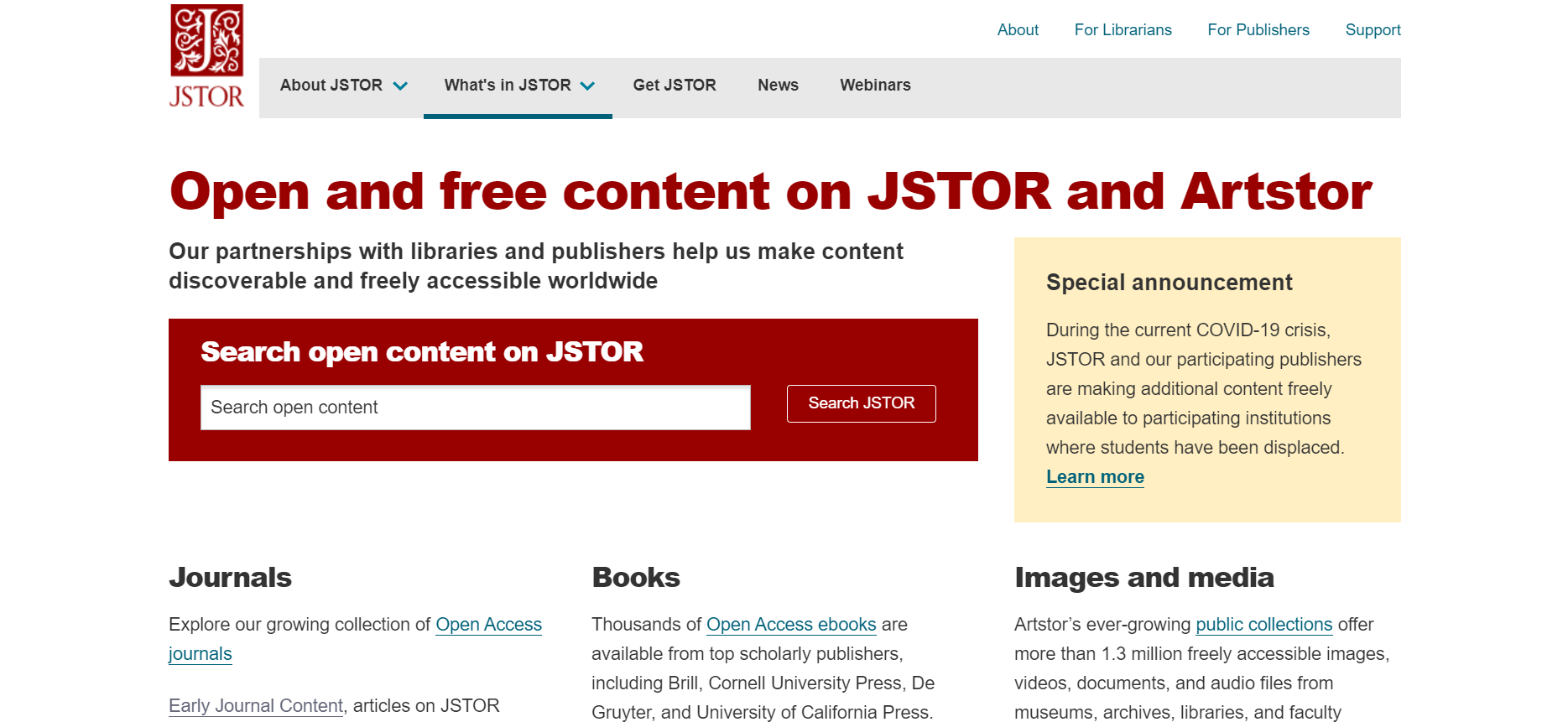 JSTOR open access journal homepage