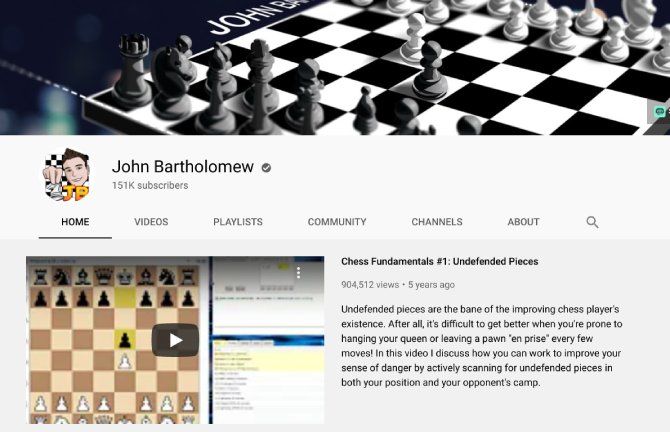 International Master John Bartholomew teaches the fundamentals of chess on his YouTube channel for beginners