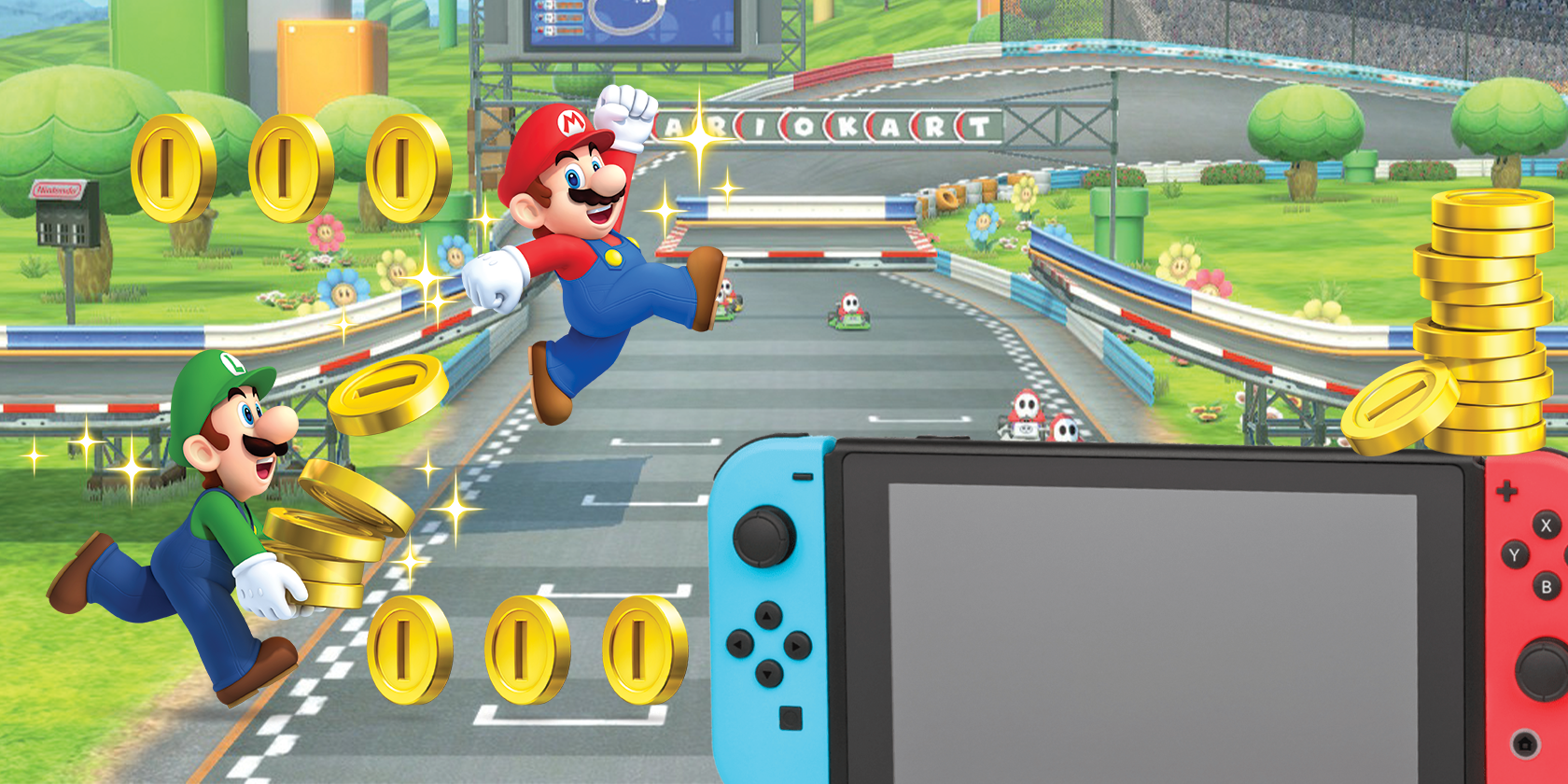 mario and luigi stacking coins on top of a nintendo switch console with a mario kart background