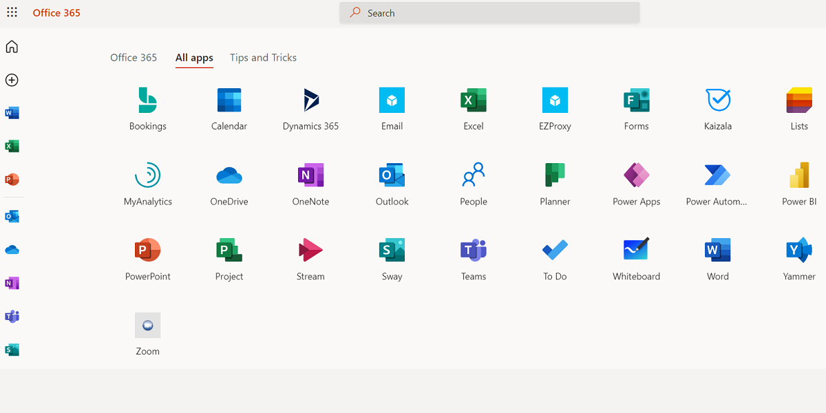 Screenshot of the Microsoft 365 Online dashboard