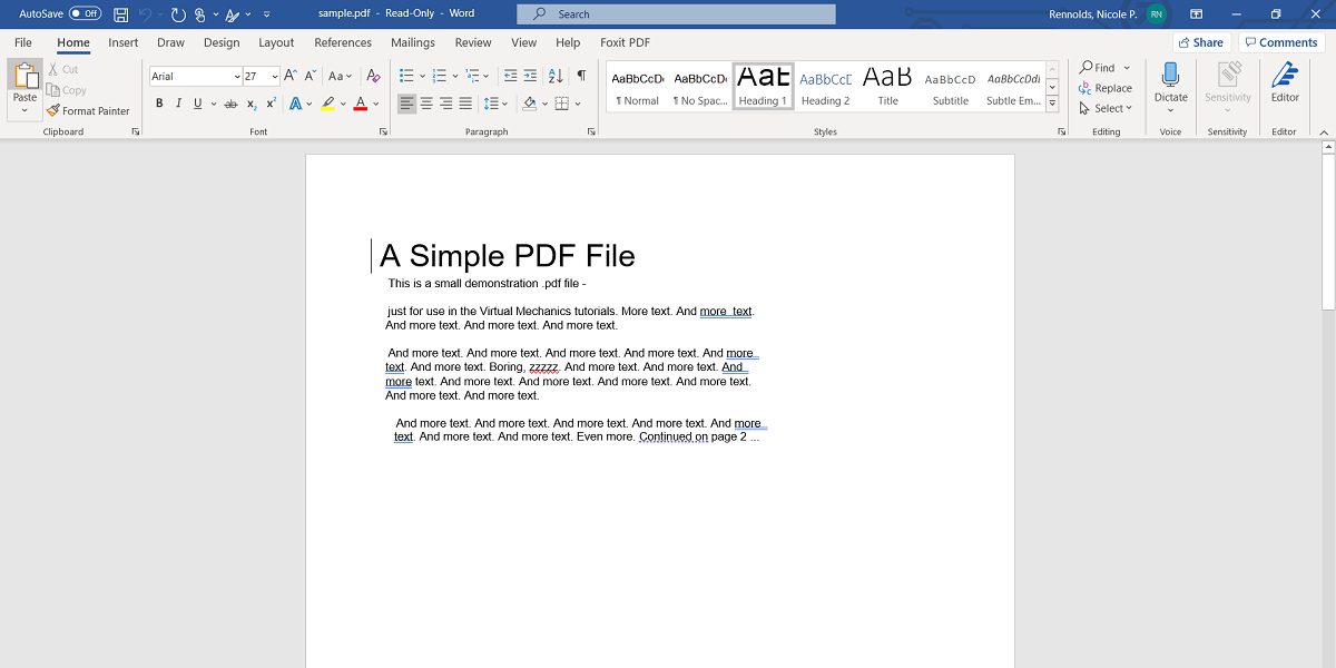 Screenshot of Microsoft Word editing a PDF