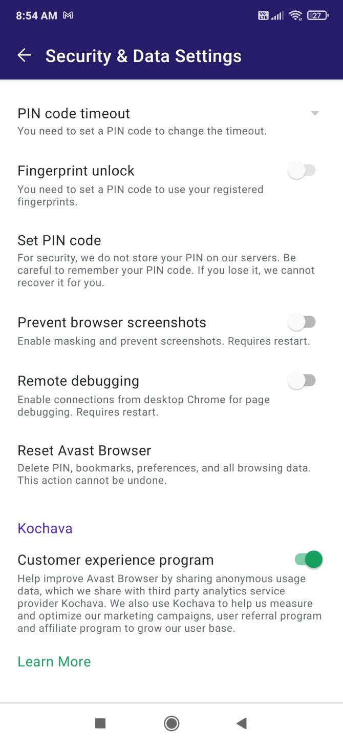 Avast mobile browser has several settings to enhance privacy and security on mobiles