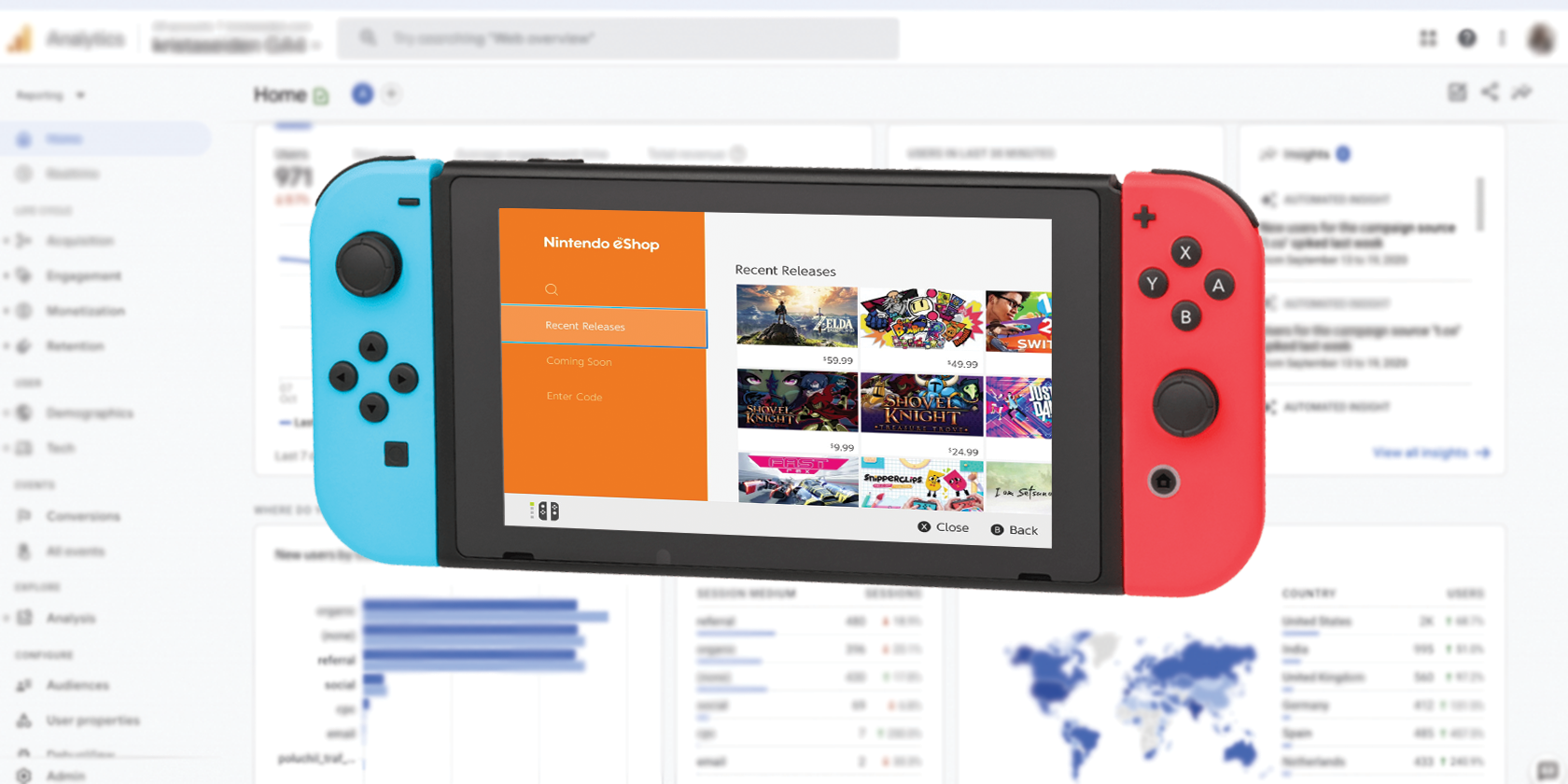 nintendo switch with eshop on screen and google analytics in background