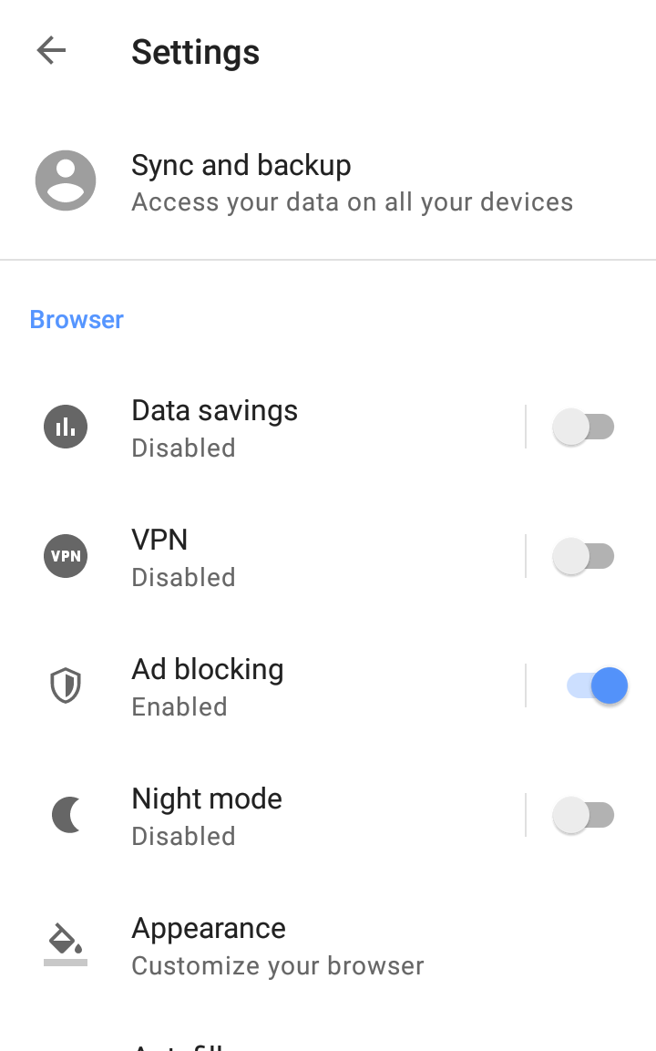 opera android screenshot settings