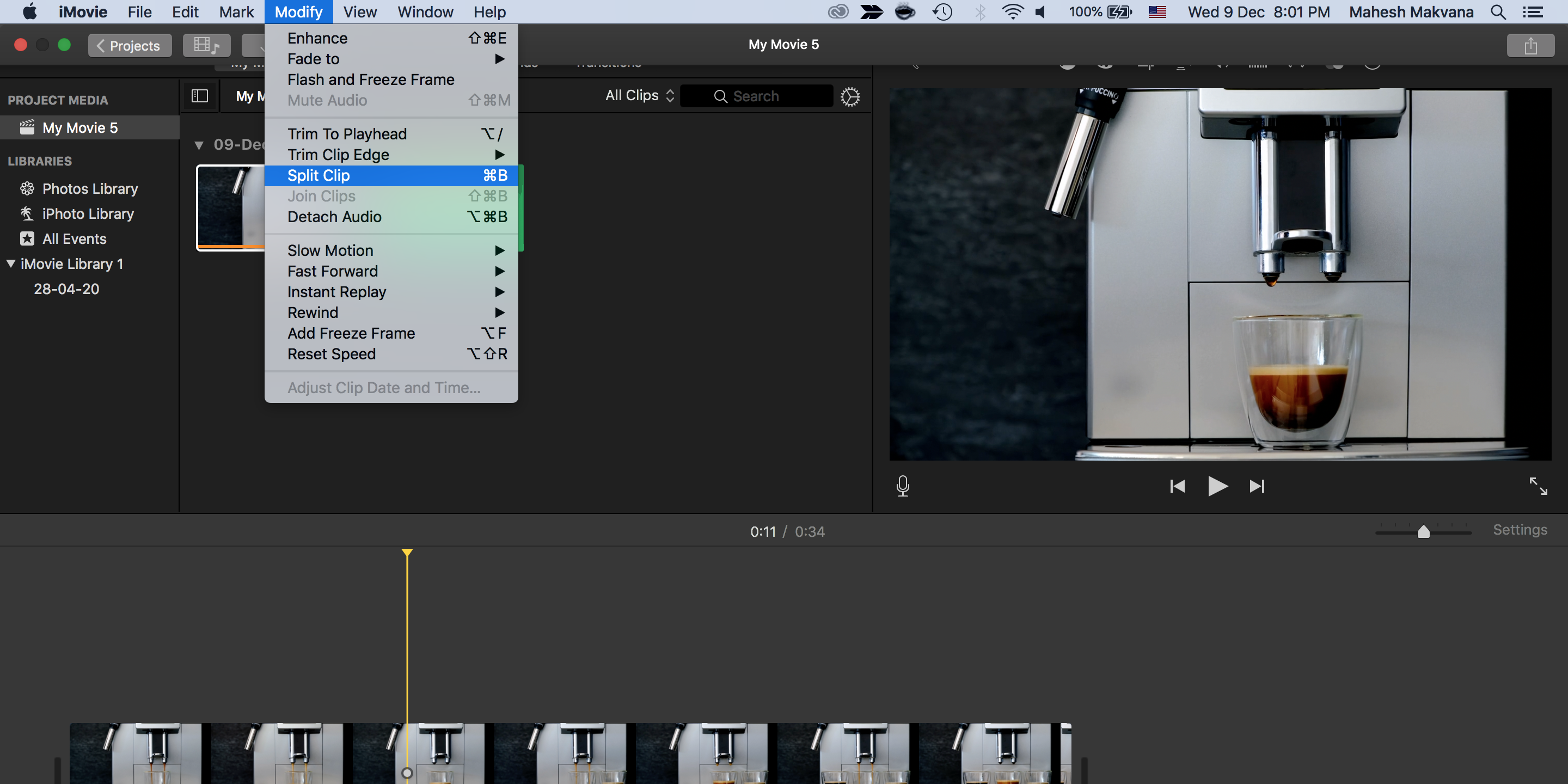 how to split a clip in imovie on mac