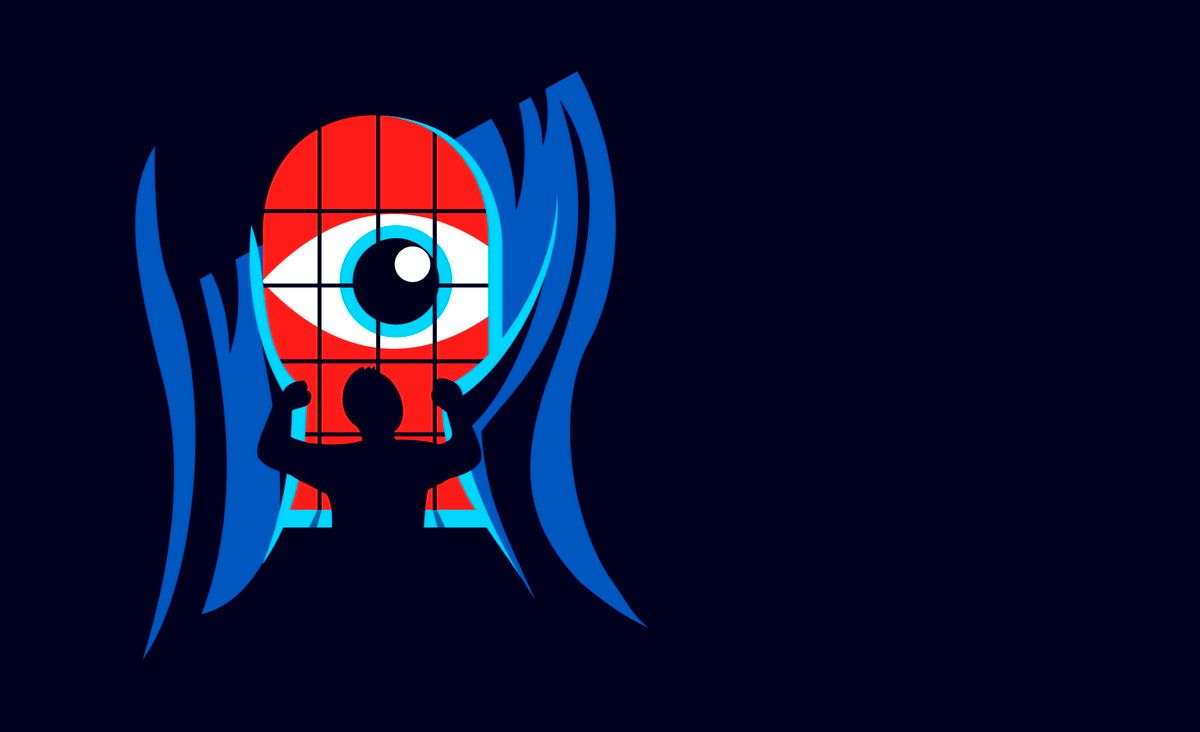 Illustration of giant red eye peeking through a window