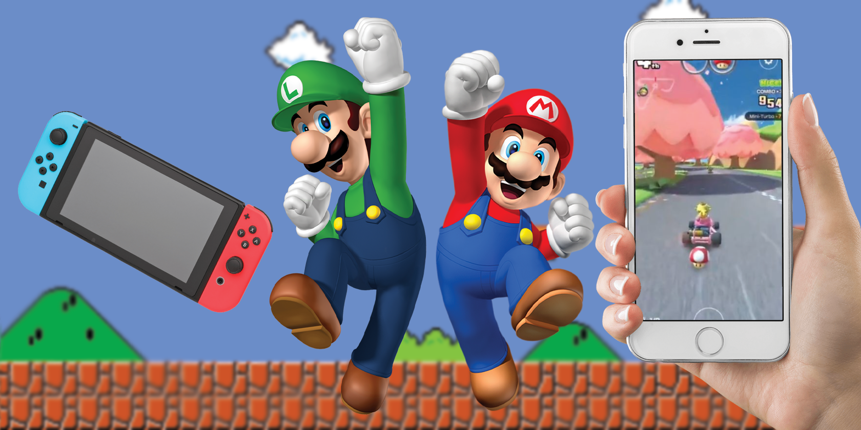 switch console with mario luigi and a smartphone displaying a screenshot of mariokart