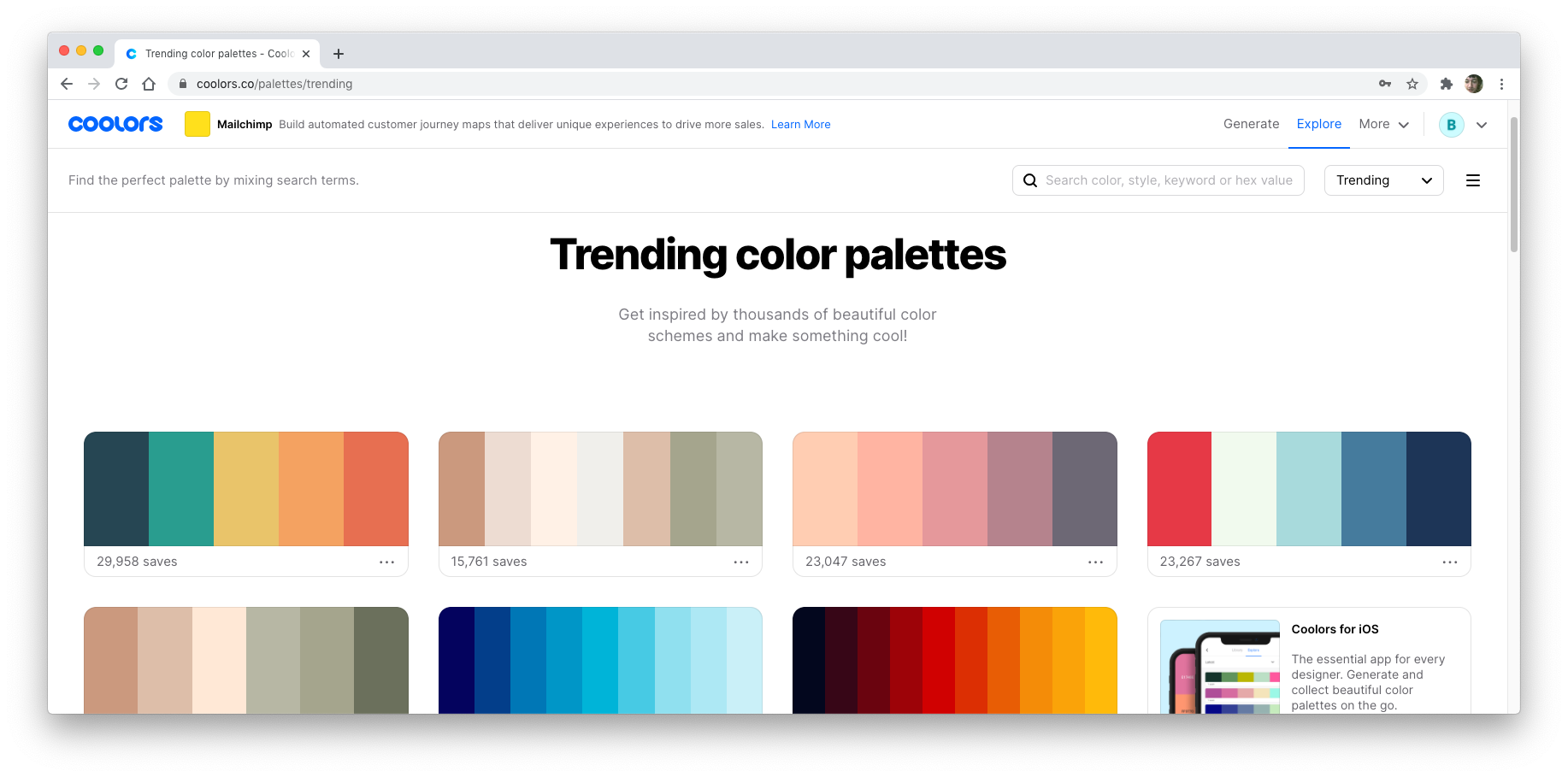 A screenshot showing trending palettes on Coolors.co