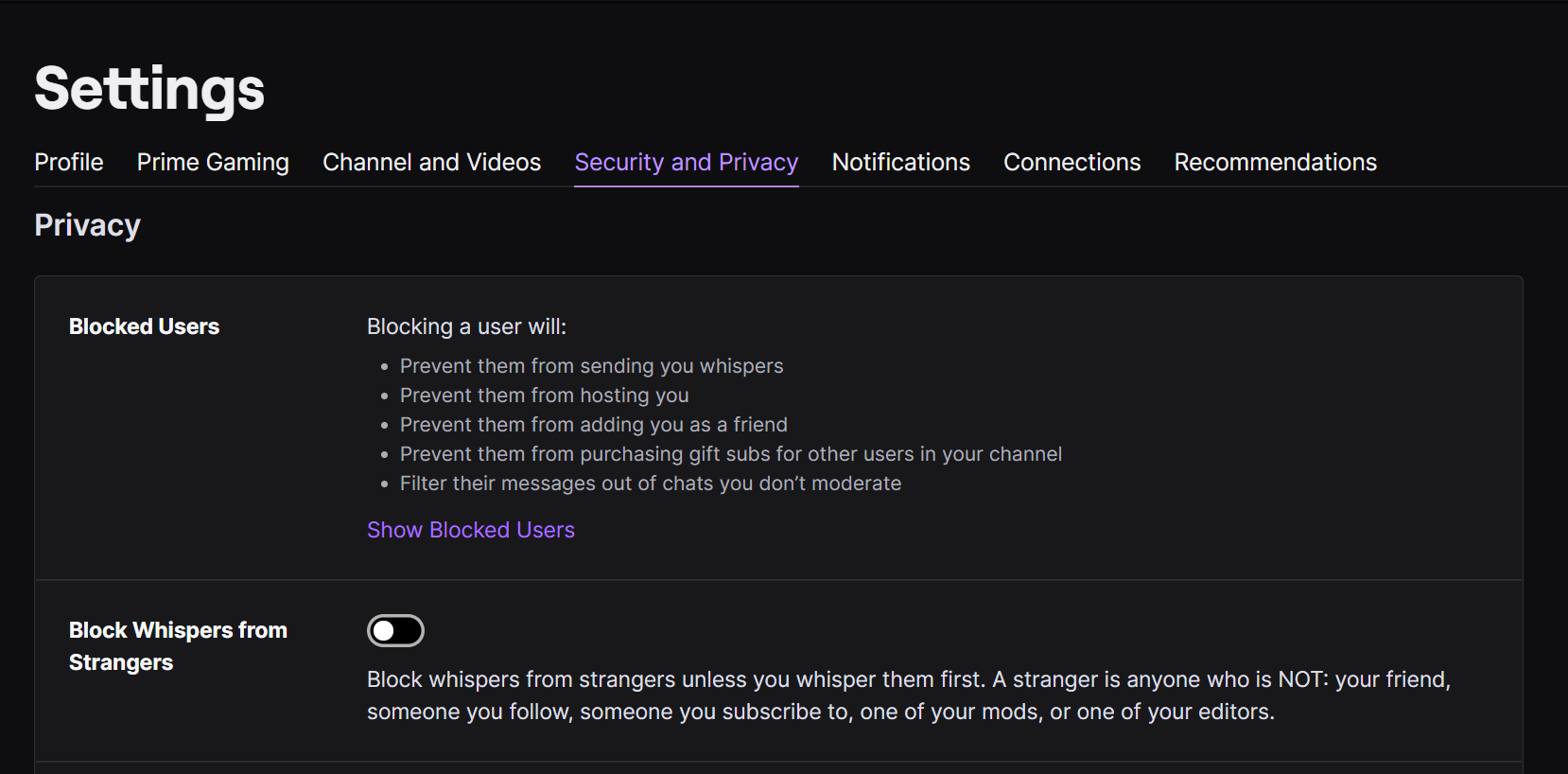 configurações do Twitch mostram usuários bloqueados