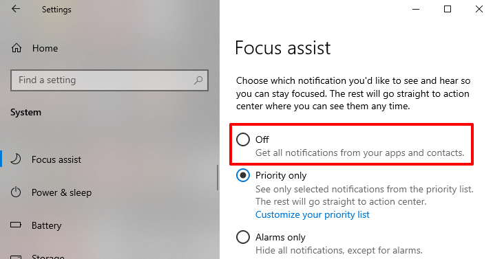 Disable Windows 10 Focus Assist