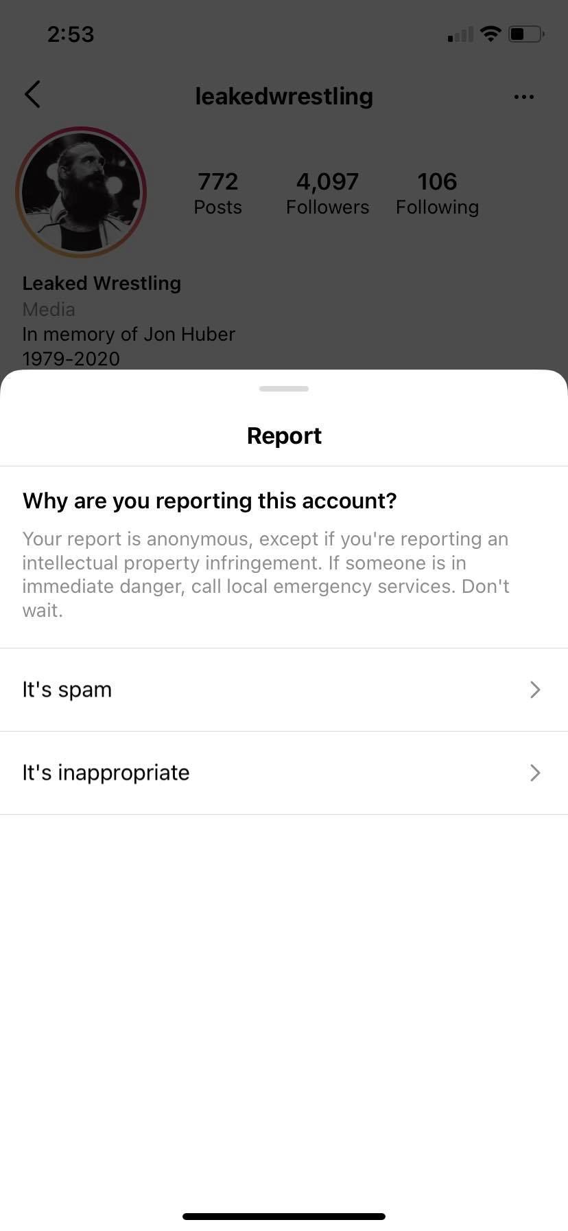 screenshot of report Instagram profile