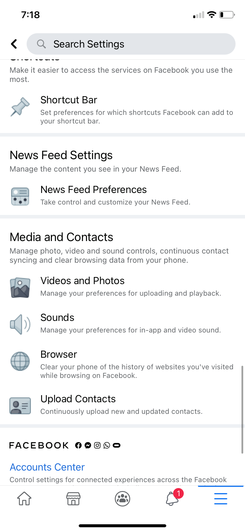 Screenshot of Facebook settings options