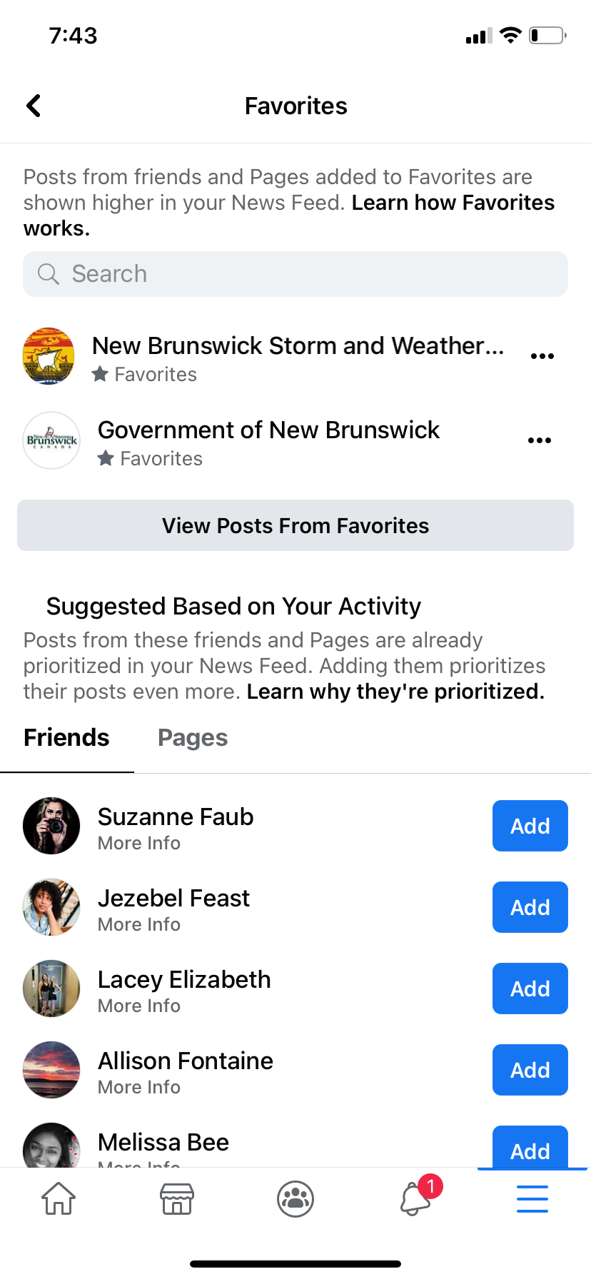 Screenshot of Facebook Favorites menu
