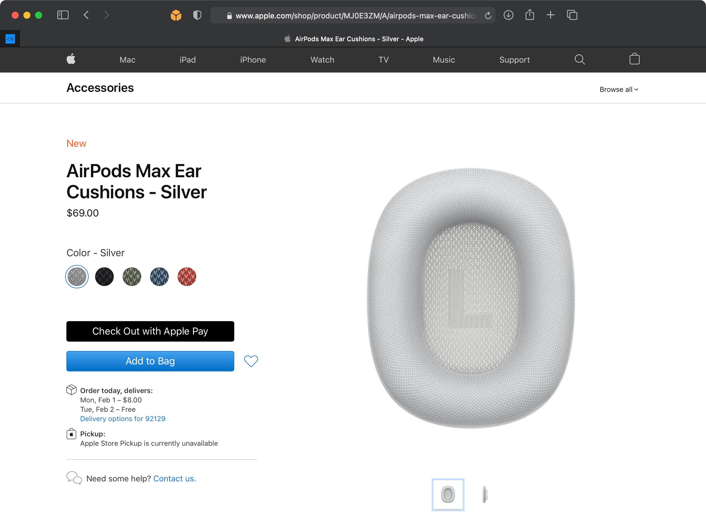A screenshot of the Apple online store showing the listing for the AirPods Max replacement ear cushions, priced at $69 per pair