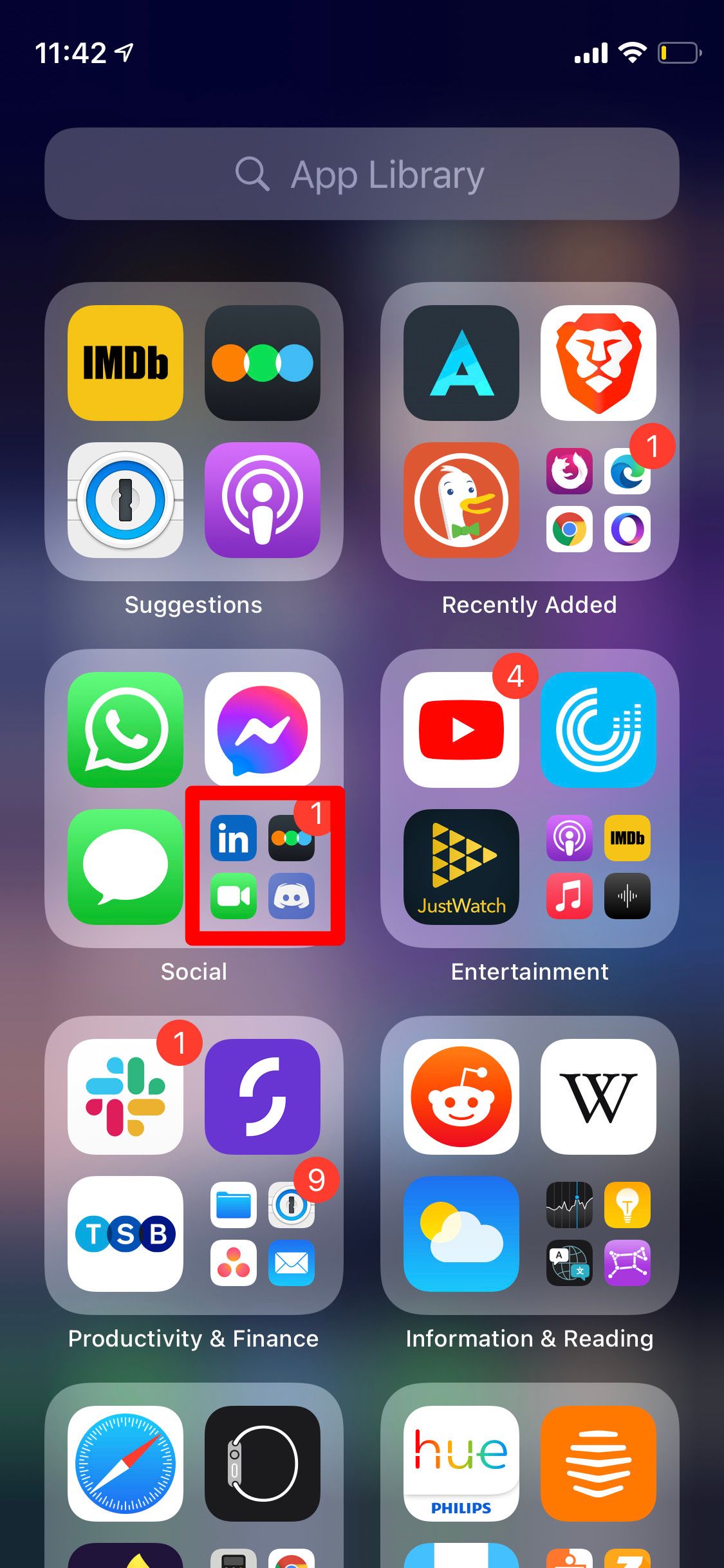 App Library on iPhone highlighting Social folder2