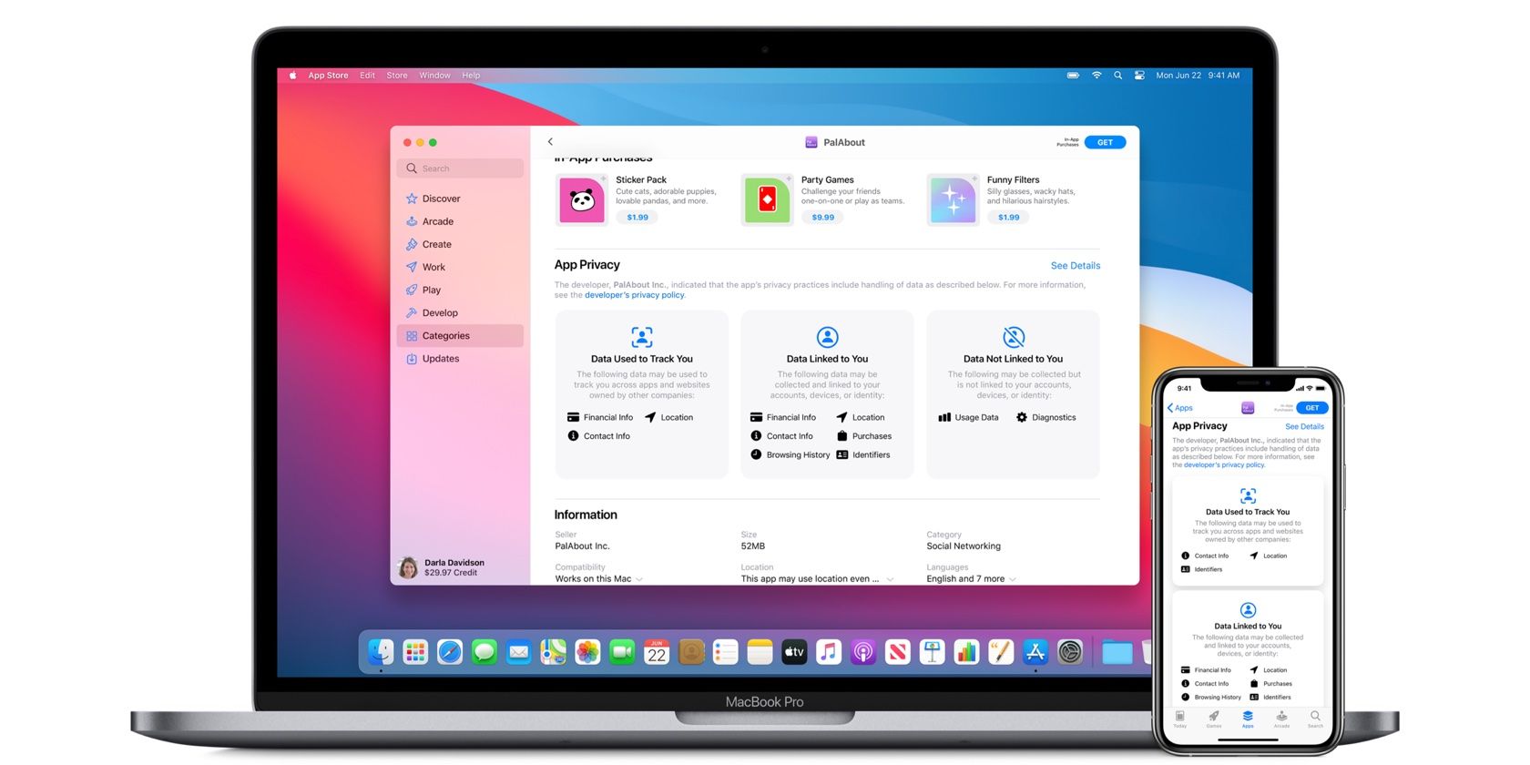 A MacBook Pro and an iPhone showing App Store screenshot with the App Privacy section visible