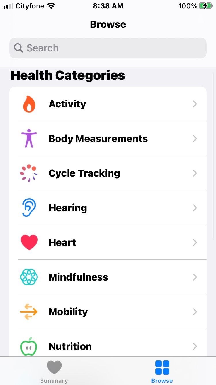 Apple Health Categories Screenshot