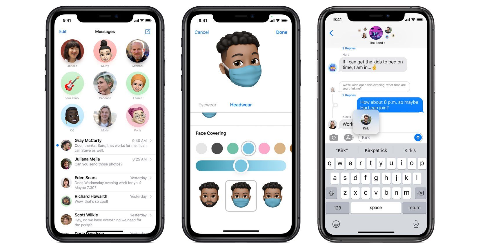 iPhone screenshots of Apple's Messages app, from left to right: pinned chats, face mask for your Memoji and mentions in group chats