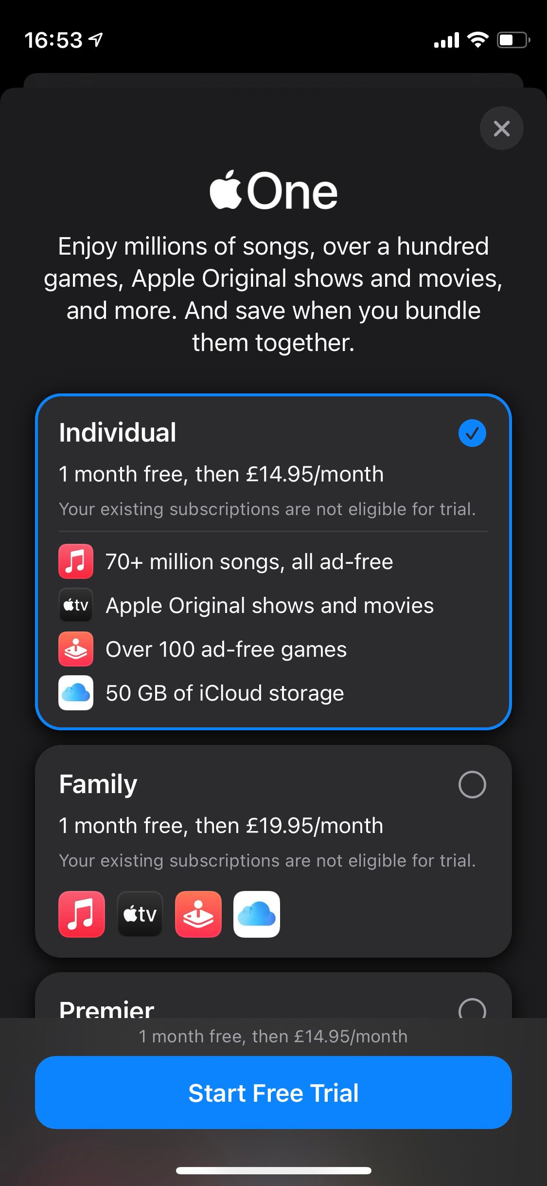 Apple One plan selectio nscreen on iPhone