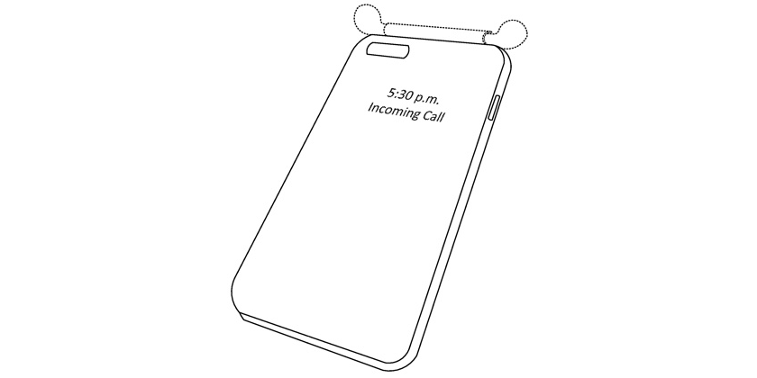 An Apple patent drawing depicting an iPhone case with a screen and a holder for AirPods