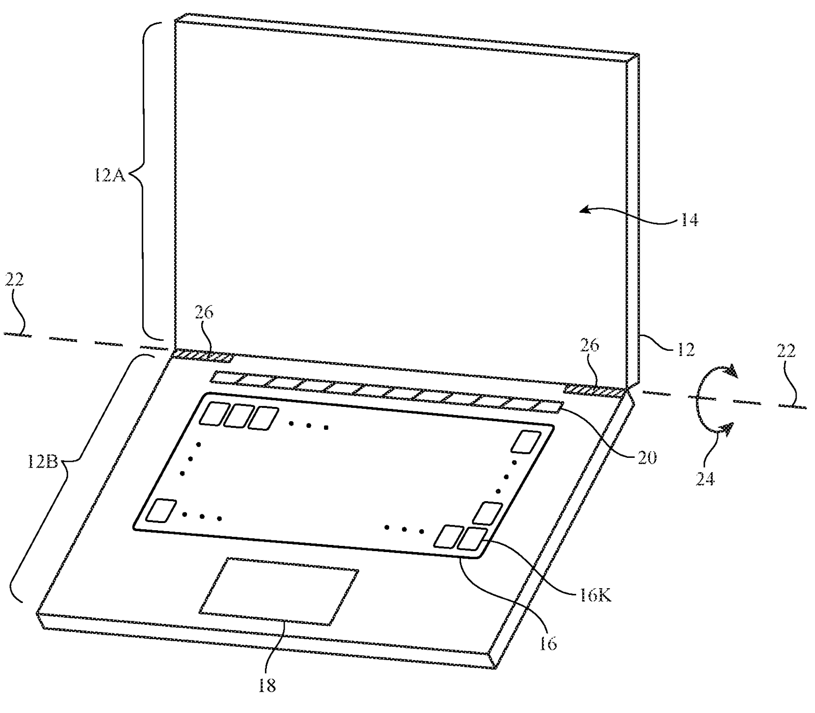 An illustration accompanying Apple's patent for "Electronic devices having keys with coherent fiber bundles" that shows a reconfigurable notebook keyboard
