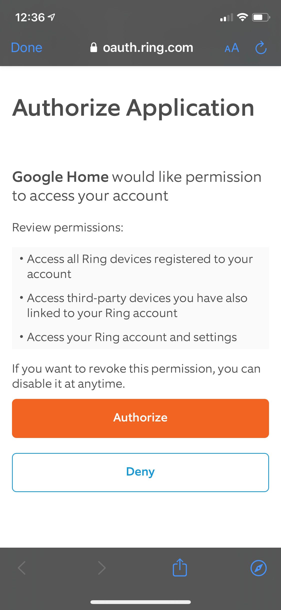 Authorize Ring Google Assistant Screen