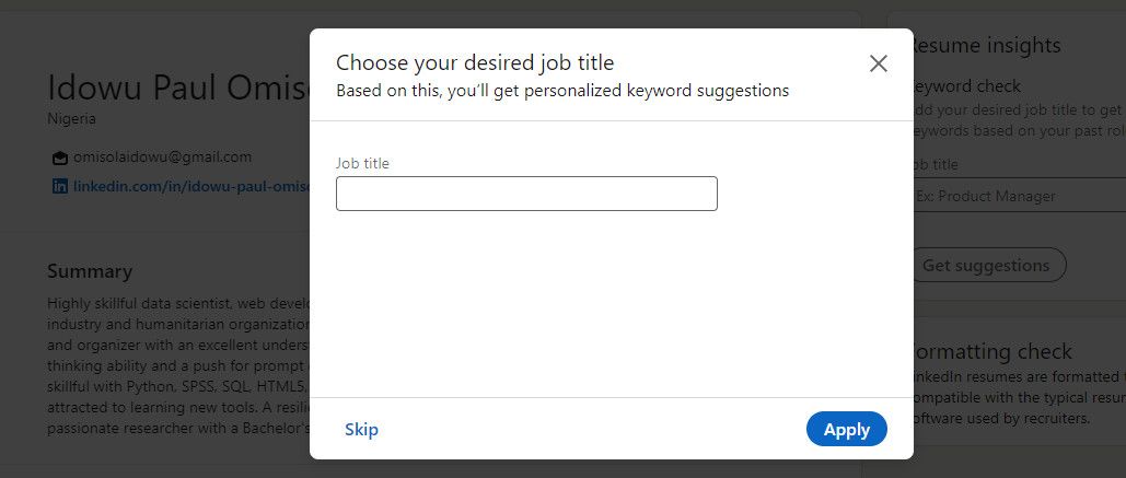 Click skip or fill the job title field and click apply
