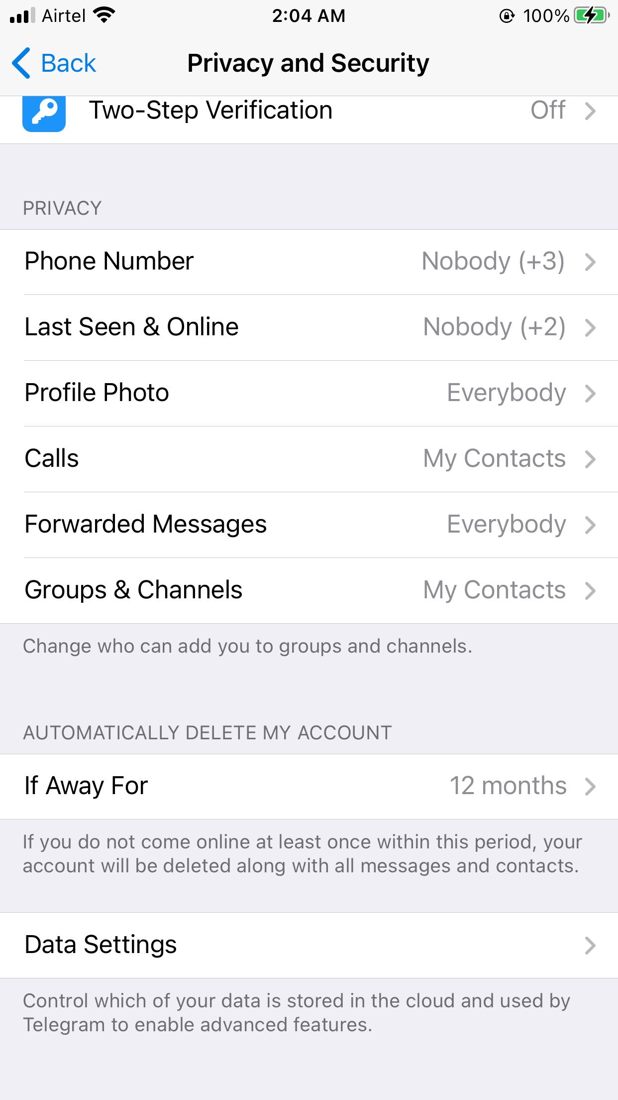 Data Settings in Privacy and Security in Telegram iOS