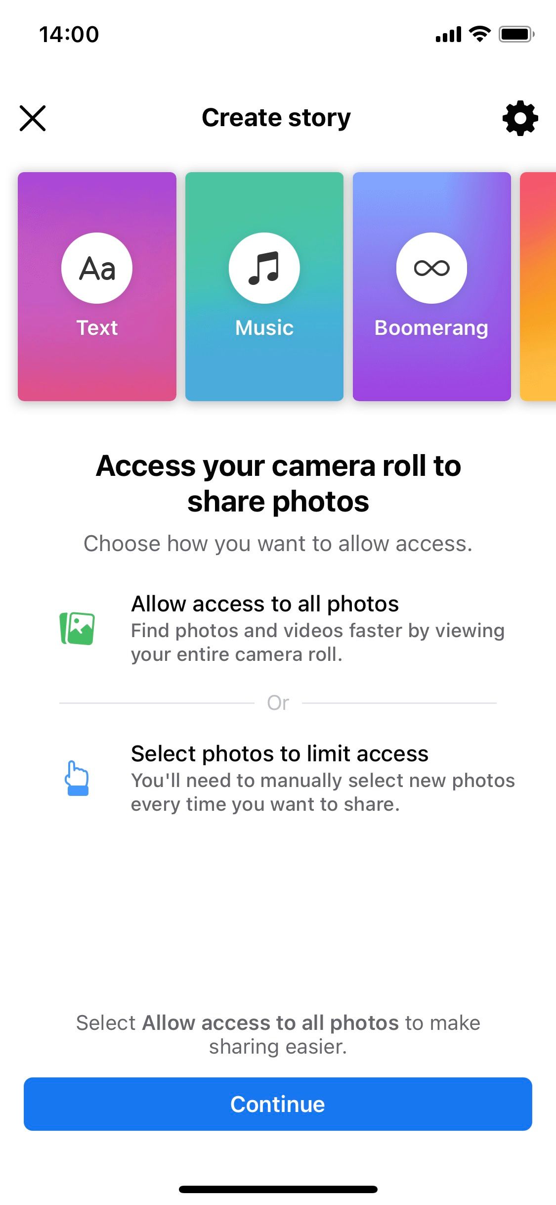 Facebook Story access your camera
