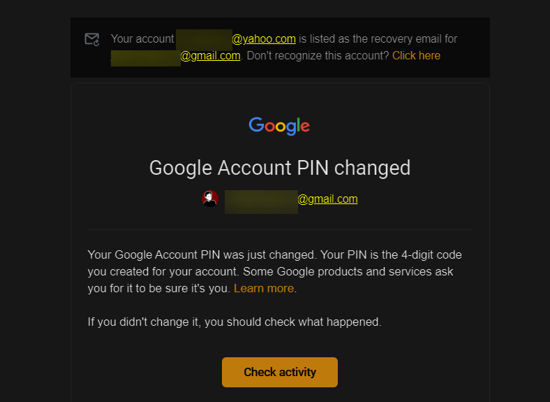 Google Account PIN Changed