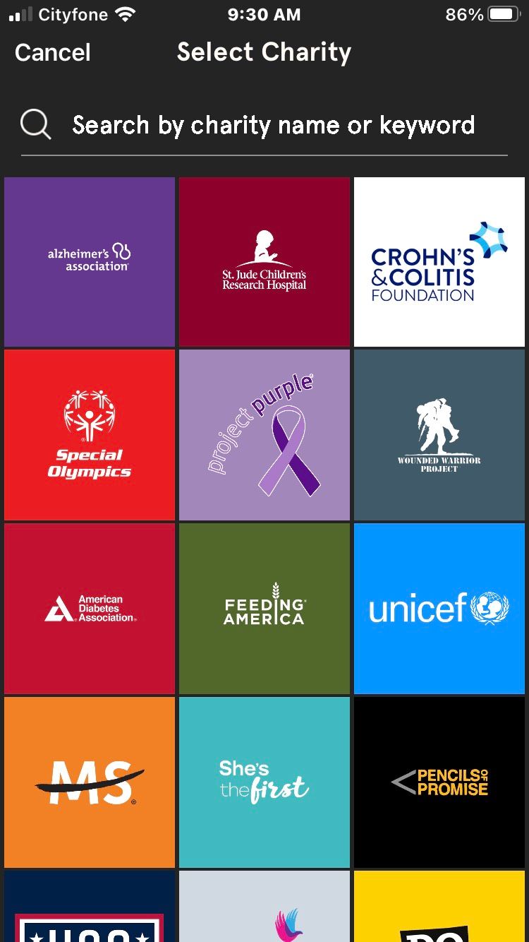 Charity Miles Organizations Screenshot