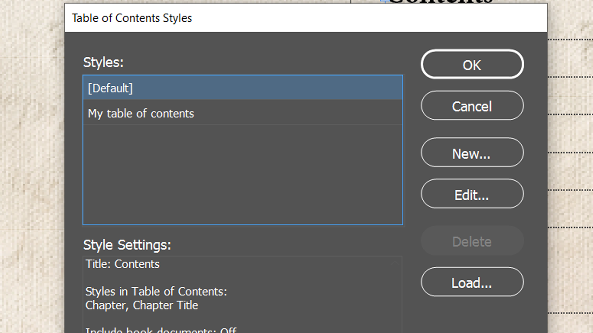 indesign table of contents