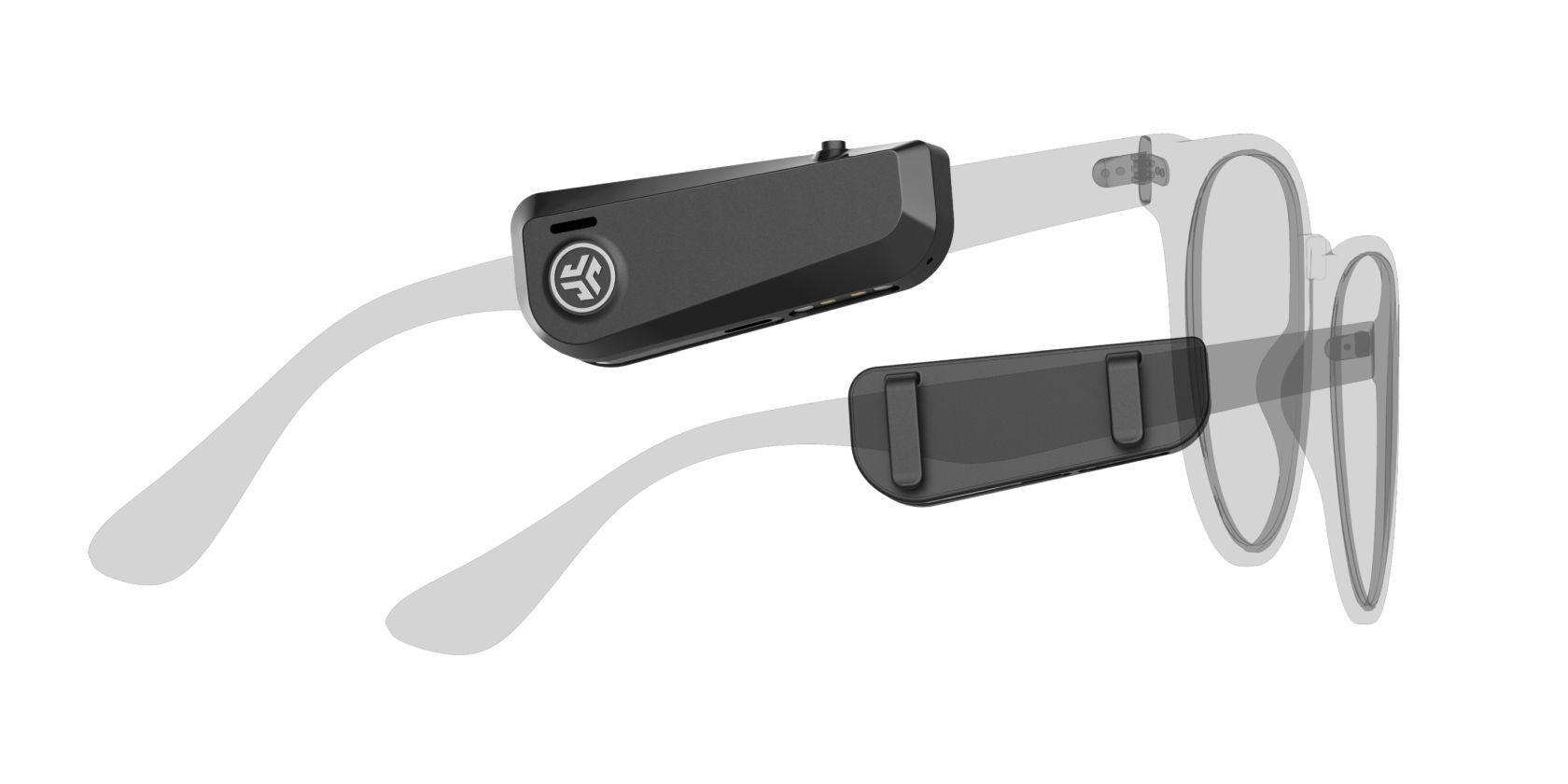 JLab Audio JBuds Frames snapped onto a pair of glasses.