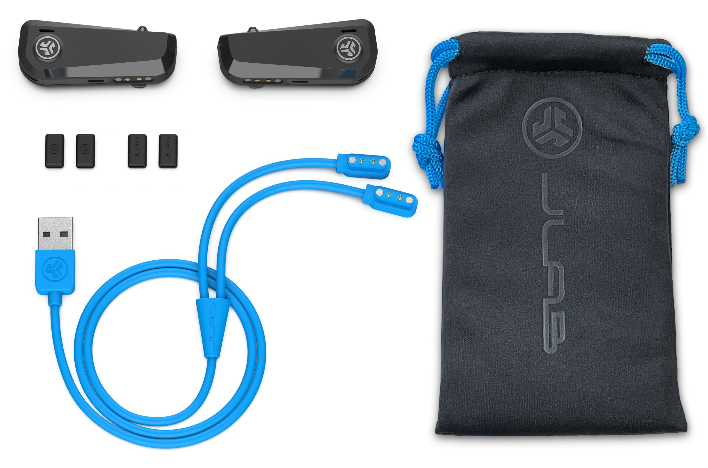 JLab Audio JBuds Frames with two pairs of silicone sleeves, proprietary charging cable, and drawstring carrying bag.