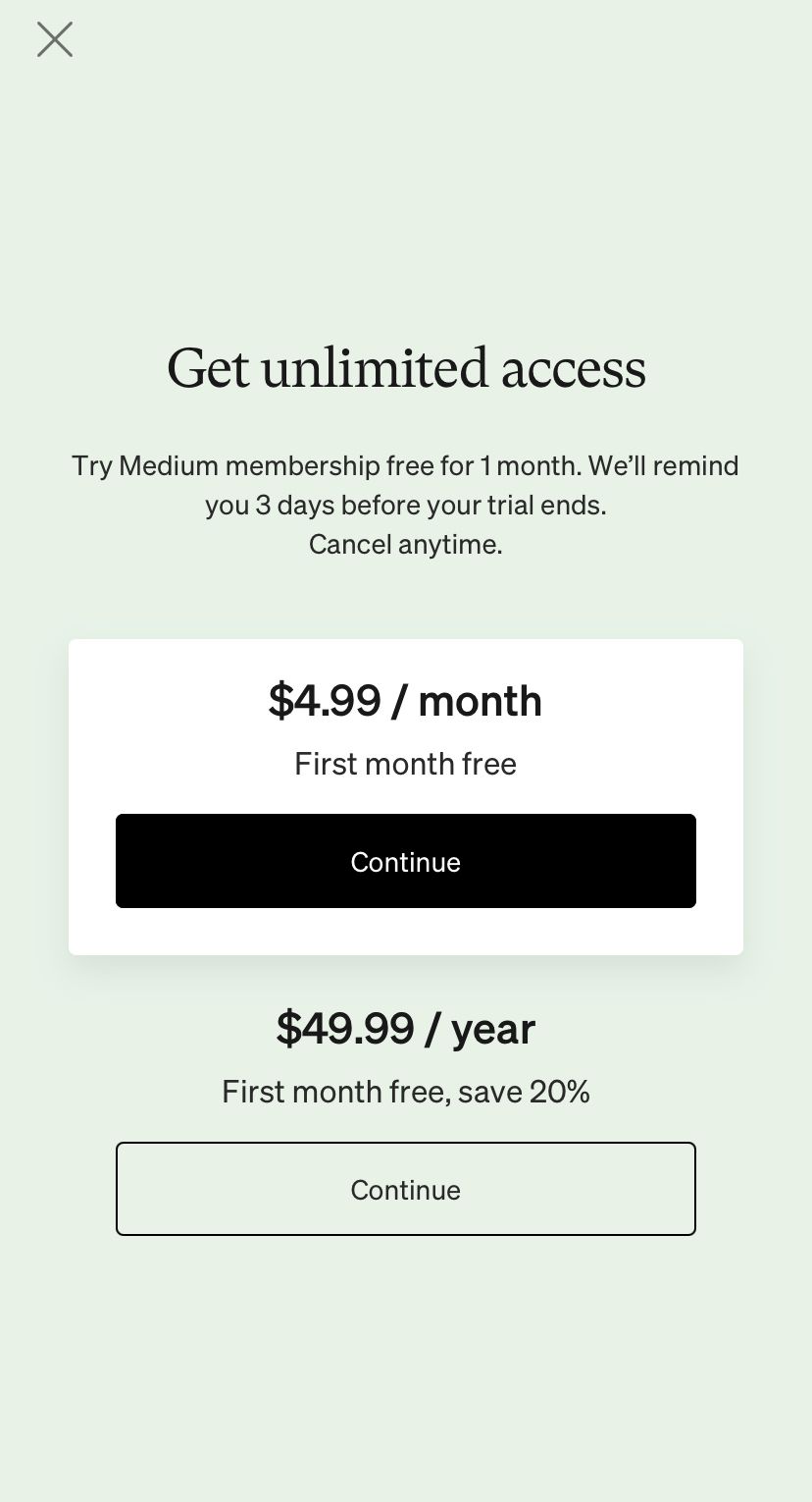 Medium Free Trial and Medium Premium Membership Sign Up Page