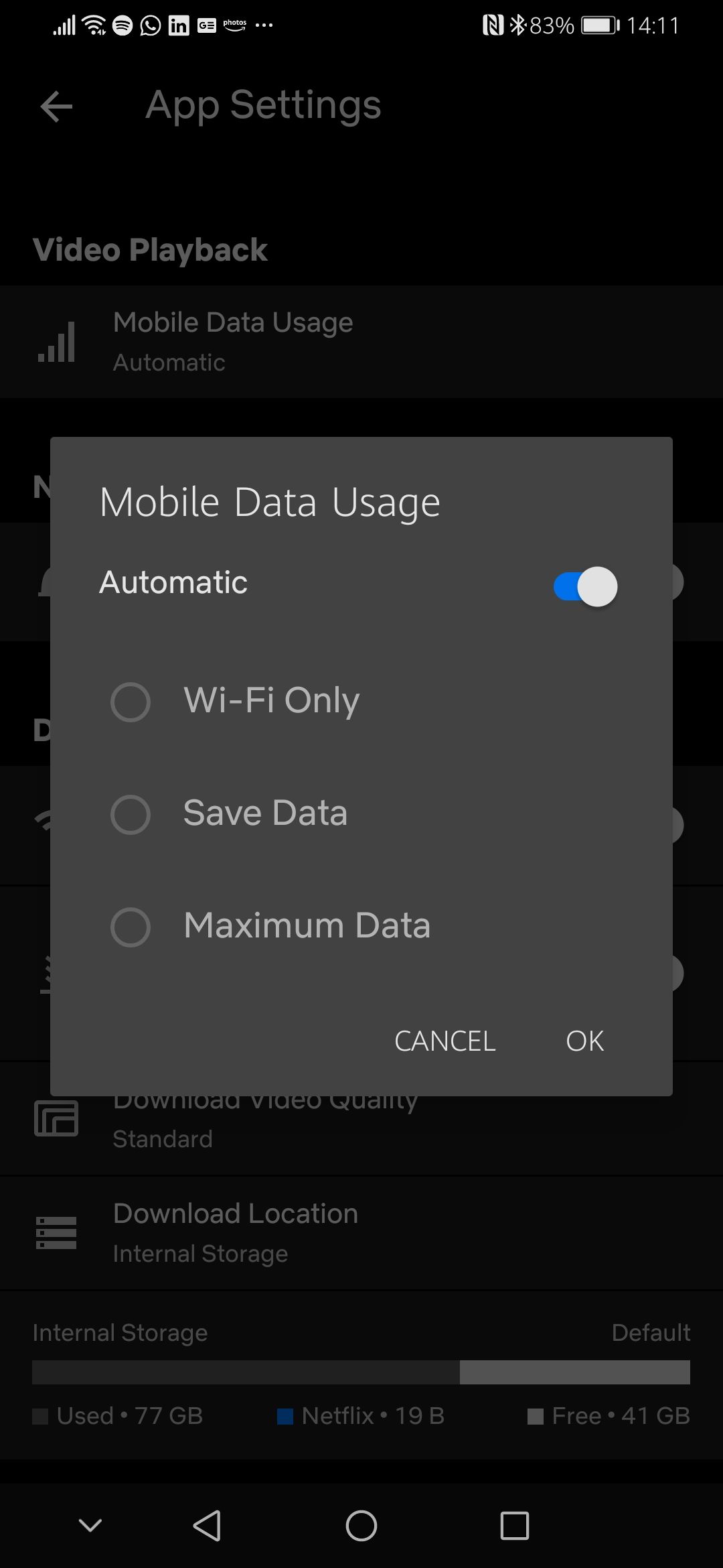 Netflix android app mobile data usage settings
