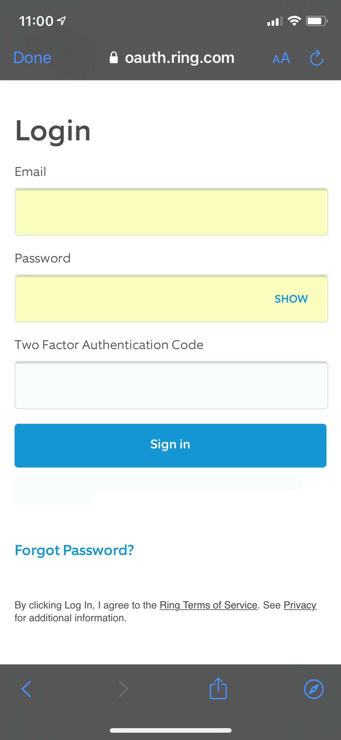 Ring two factor authentication screen
