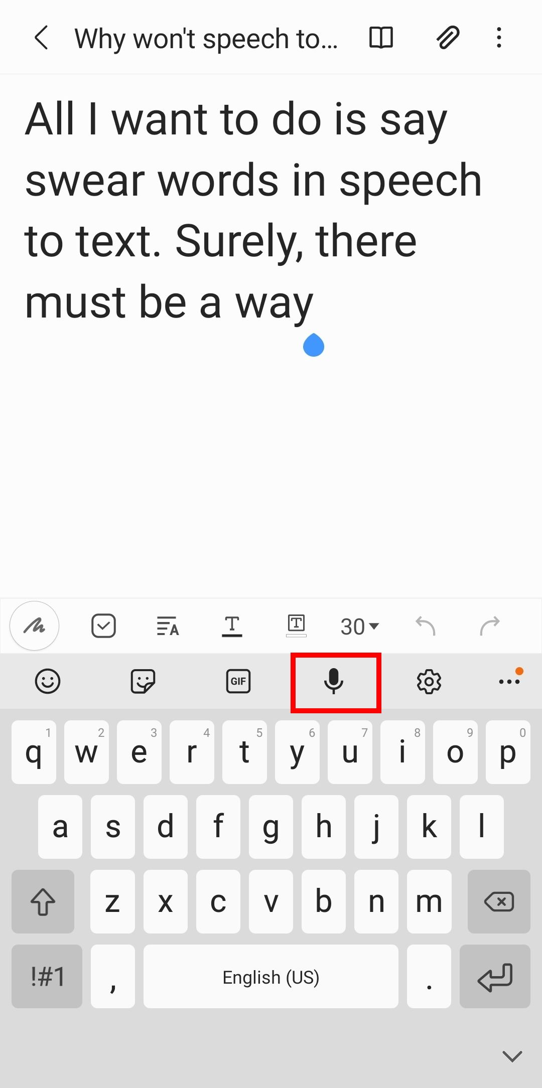 the Samsung keyboard is pulled up with the mic icon highlighted