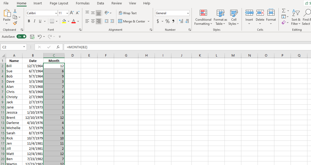 Screenshot Excel MONTH Function