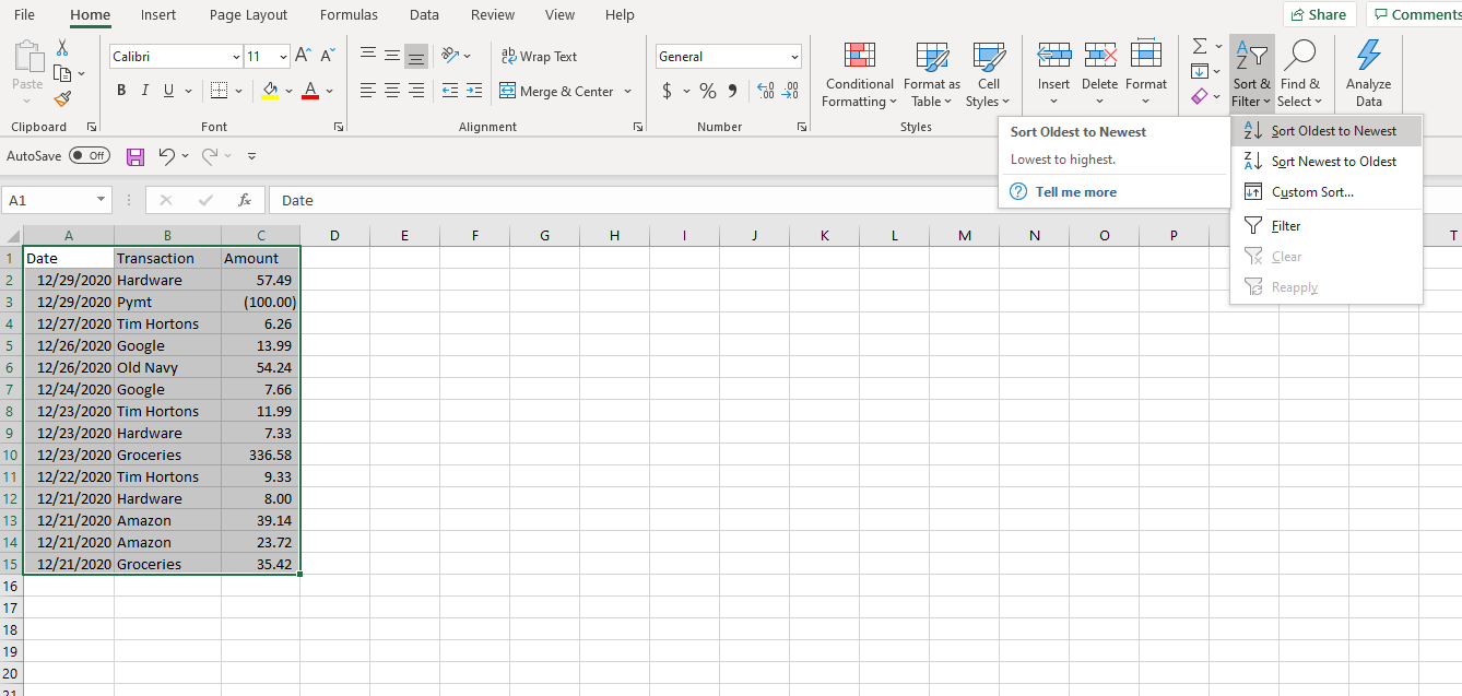 Screenshot Excel Sort Ascending by Date