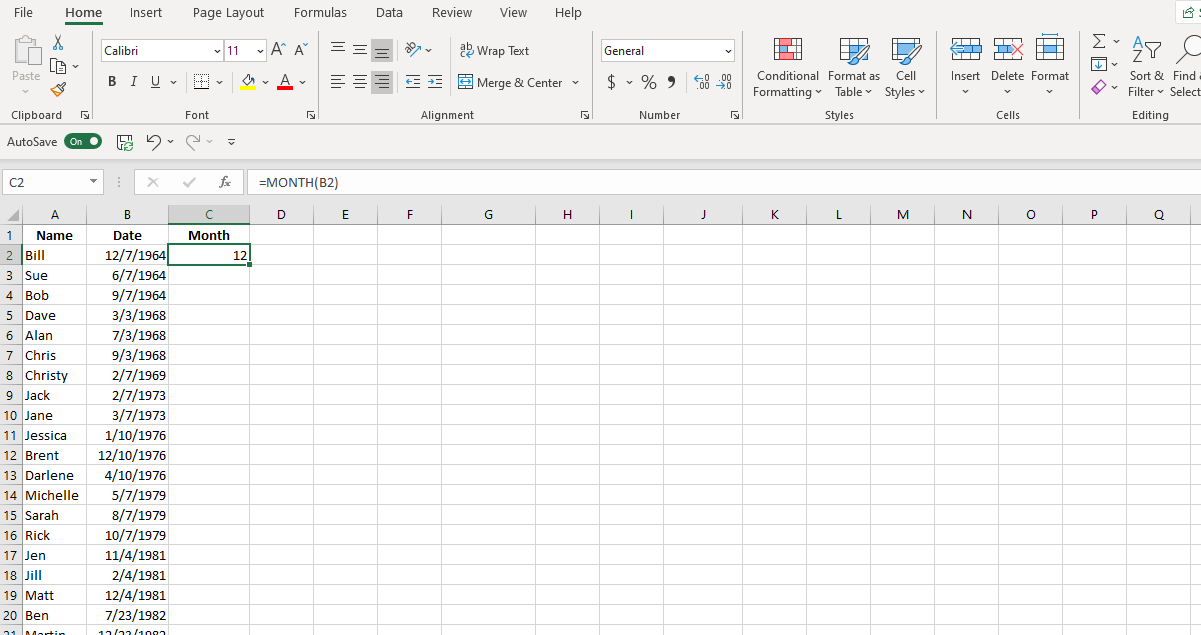 Screenshot Excel Sort MONTH Function