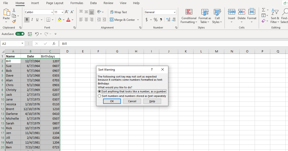 Screenshot Excel Sort Warning