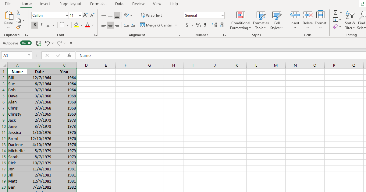 Screenshot Excel YEAR Function