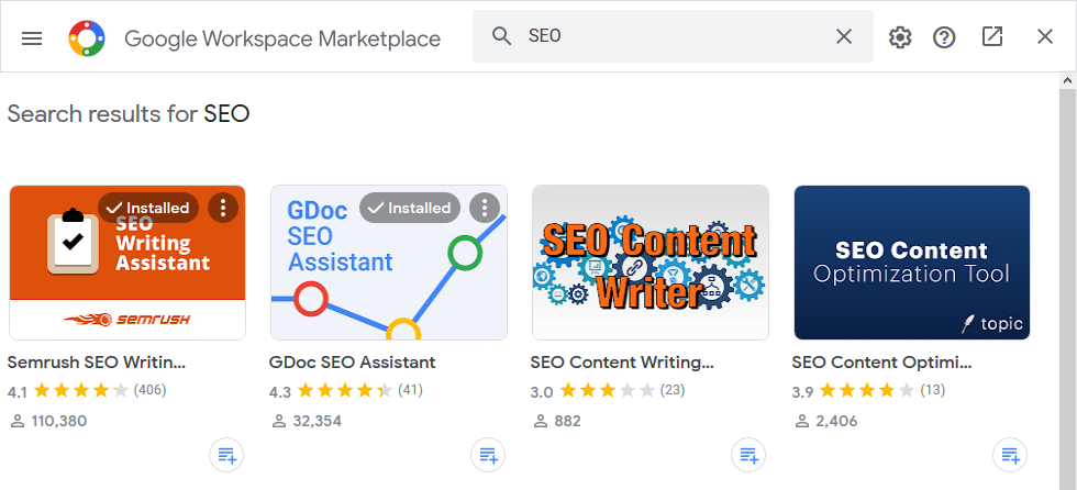 Google Marketplace showing SEO add-ons available for installation