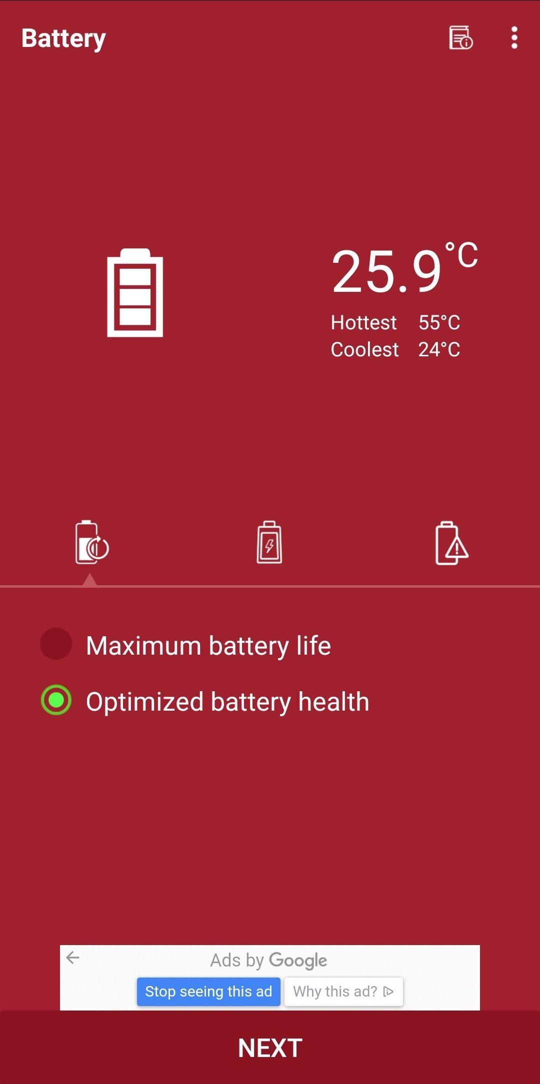 The main screen of Device Heat Cooling Master, showing battery temperature