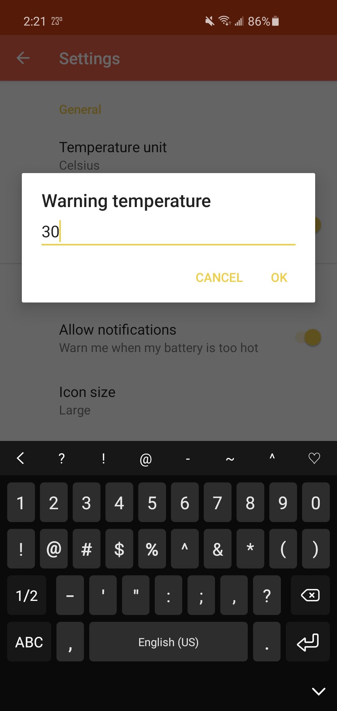 Entering a custom alert temperature in Battery Temperature