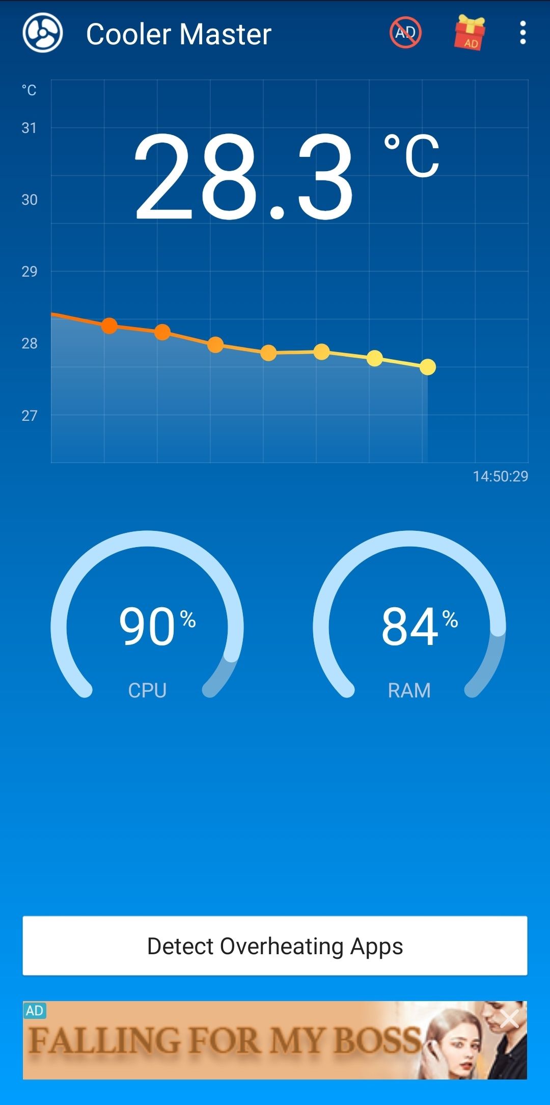 The Cooling Master home screen, showing a live read of temperature and device functions
