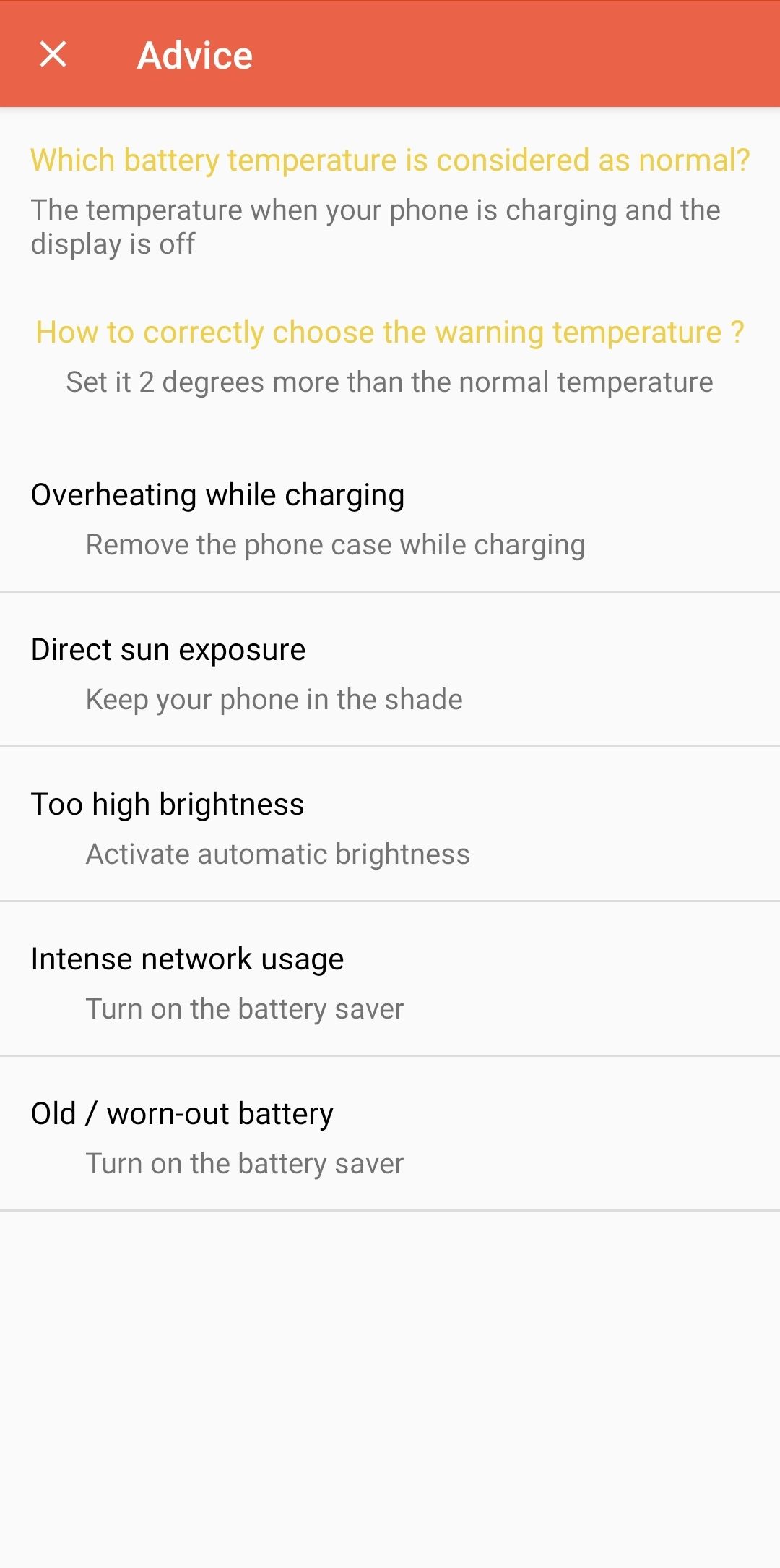 The Battery Temperature app includes advice on protecting your phone from heat damage